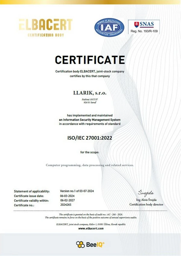 Certifikát ISO/IEC 27001:2022